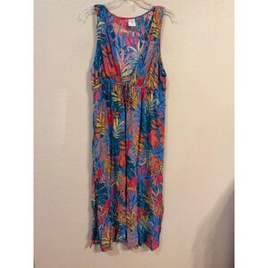 Kona Sol Womens Tropical Leaf Swim Cover Up Dress Blue Orange Pink S/M Rayon